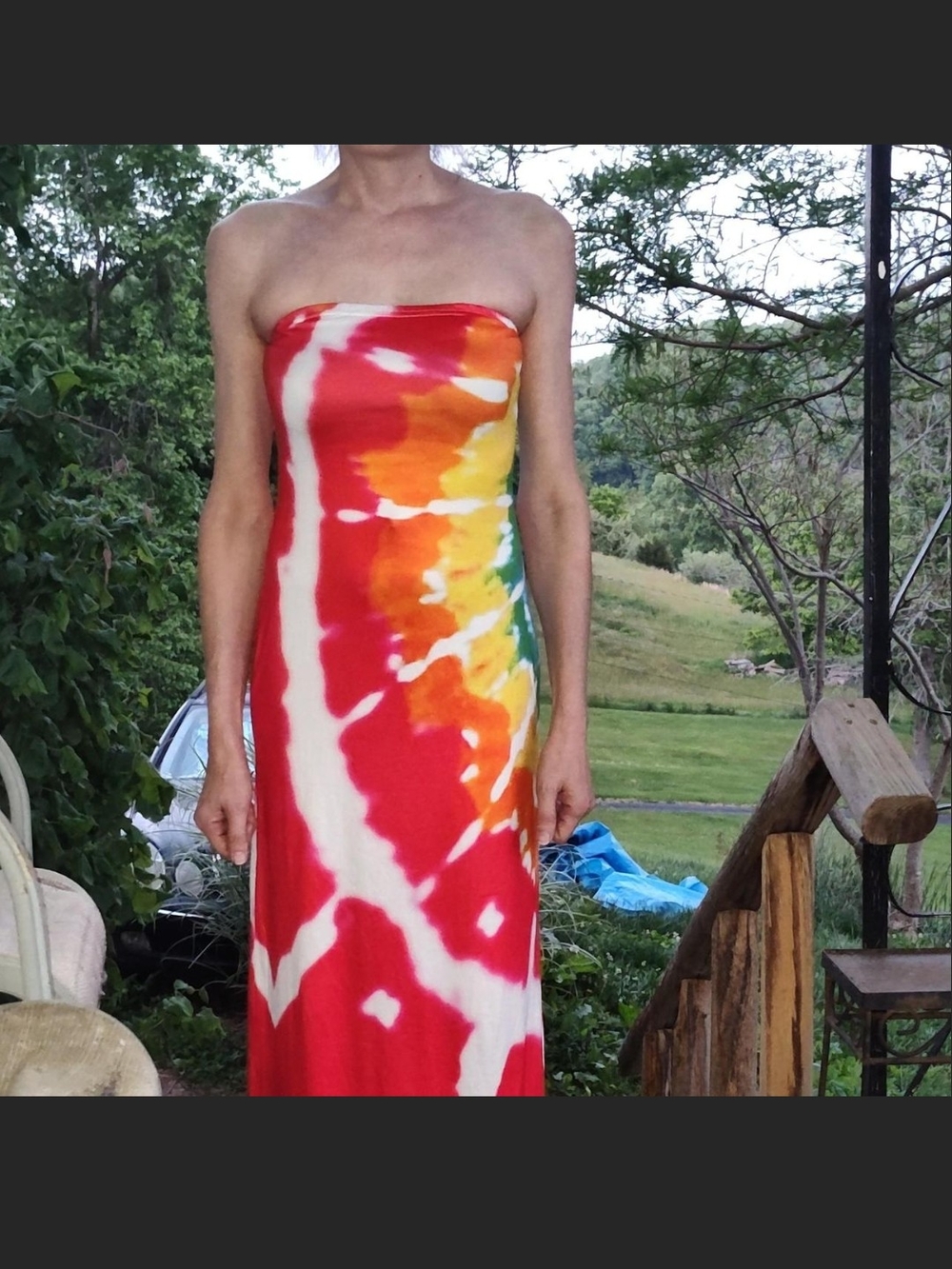 Strapless Multicolor Rainbow Tie-Dye Maxi Dress in Red, Orange & Yellow